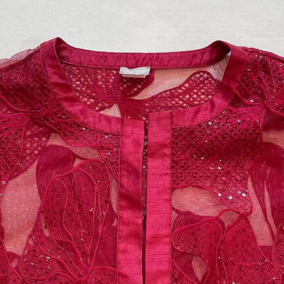 Chico's Travelers Red 3/4 Sleeve Embellished Sequined Sheer Evening Jacket, M - Picture 6 of 13